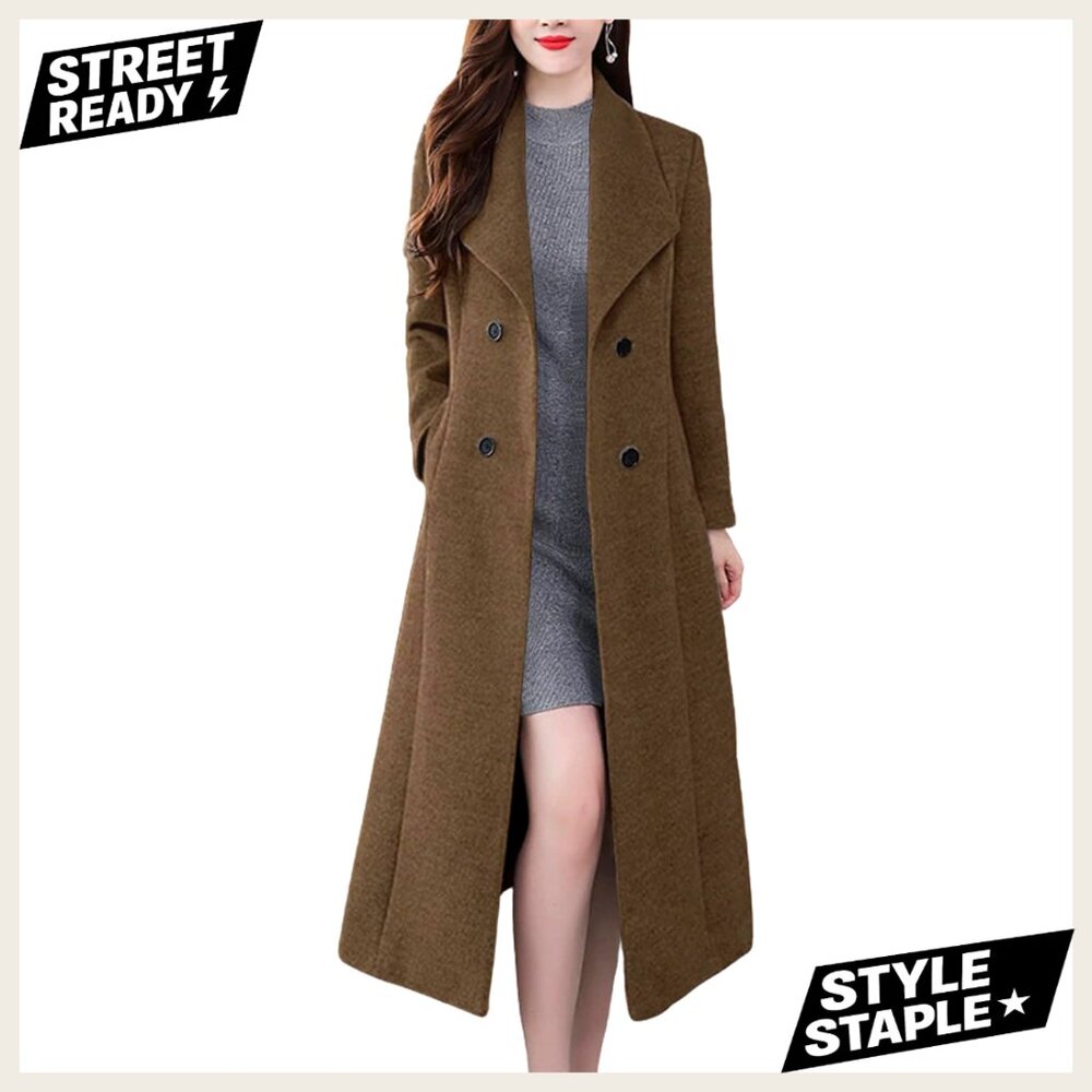 Slim Wool Trench Coat Shawl Collar Double Breasted Mid-Calf Length